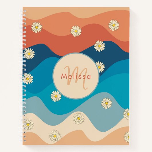 Colorful Retro Waves & Daisies Patroonmonogram Notitieboek (Voorkant)