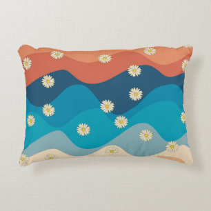Colorful Retro Waves & Daisies Pattern Accent Kussen