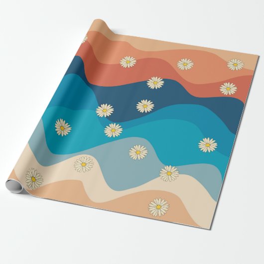 Colorful Retro Waves & Daisies Pattern Cadeaupapier (Uitgerold)