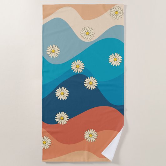 Colorful Retro Waves & Daisies Pattern Strandlaken (Voorkant)