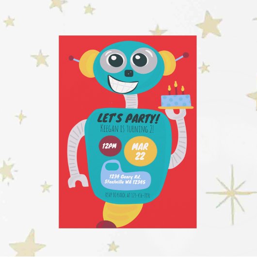 Colorful Robot Boys Second Birthday Invitation Kaart