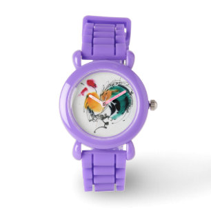 Colorful Rooster. Calligrafie en waterverf. Horloge