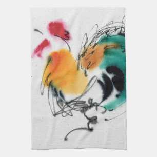 Colorful Rooster. Calligrafie en waterverf. Theedoek
