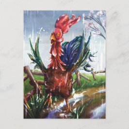 Colorful Rooster in Spring Rain Art Postcard Briefkaart