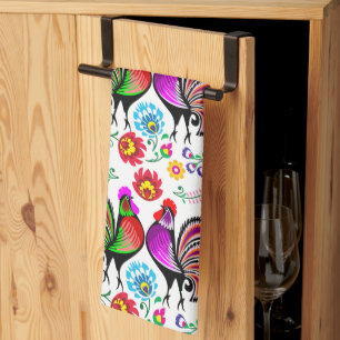 Colorful Roosters Boho Pattern Theedoek