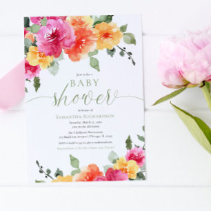 Colorful roze oranje peonies girl baby shower invi kaart