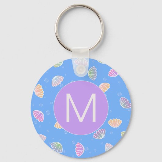 Colorful Seashells Pattern Light Blue Monogram Sleutelhanger (Voorkant)