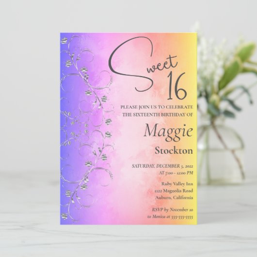 Colorful Silver Border Sweet 16 Invitation (Debout devant)