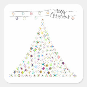 Colorful Snowflake Merry kerstboom Vierkante Sticker