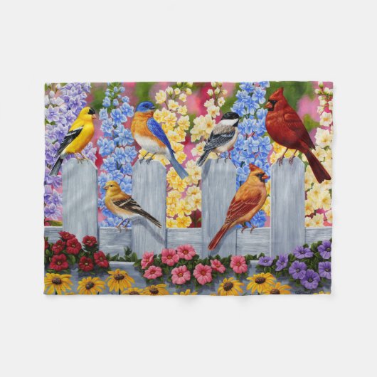 Colorful Spring Birds Garden Party Fleece Deken (Voorkant (Horizontaal))