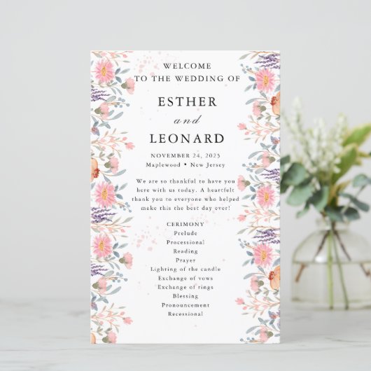 Colorful Spring Fleur sauvage Wedding Programme (Debout devant)