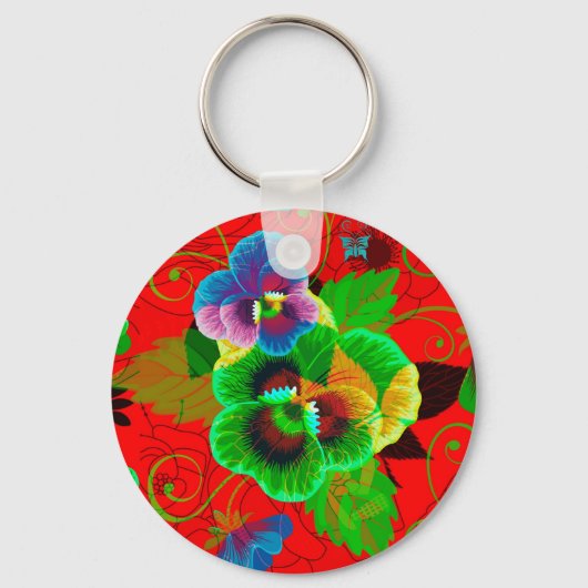 Colorful Spring Flowers Design Red Background Sleutelhanger (Voorkant)
