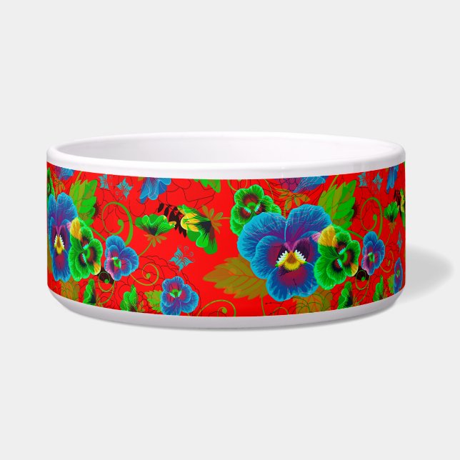 Colorful Spring Flowers Design Red Background Voerbakje (Voorkant)