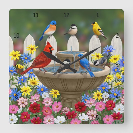 Colorful Spring Garden Bird Bath Vierkante Klok (Voorkant)
