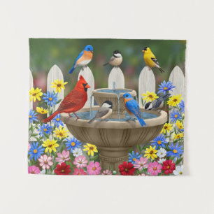 Colorful Spring Garden Bird Bath Wandkleed
