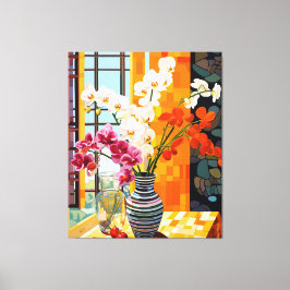 Colorful Striped Vase Floral Window Wood Plaque Canvas Afdruk