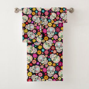 Colorful Sugar Skull en Fiesta Black Bad Handdoek