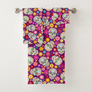 Colorful Sugar Skull en Fiesta Paars Bad Handdoek