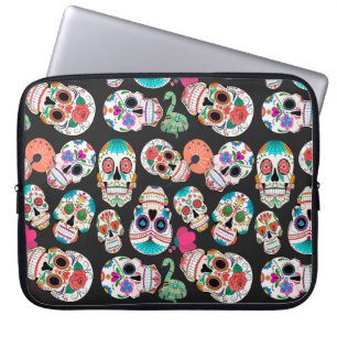 Colorful Sugar Skulls on Black Laptop Sleeve
