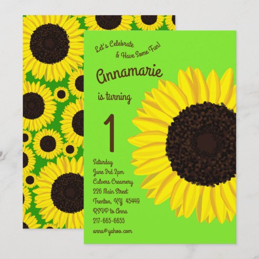 Colorful Sunflower 1e Birthday Invitation Kaart (Voorkant / Achterkant)