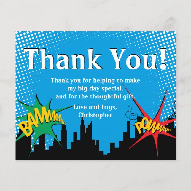 Colorful Superheld Comic Boy's Birthday Bedankt (Voorkant)