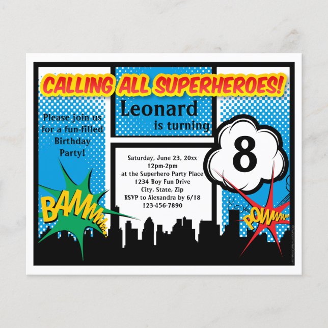 Colorful Superheld Comic Boy's Birthday Party (Voorkant)