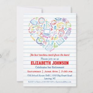 Colorful Teachers Heart Retirement Party Invite Kaart
