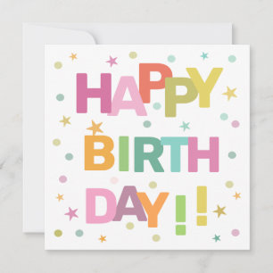 Colorful Text Confetti and Stars Happy Birthday Kaart