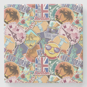 Colorful Travel Sticker Patroon Stenen Onderzetter