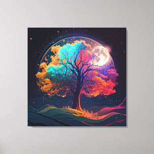 Colorful Tree of Life Moon Galaxy Fantasy Canvas Afdruk