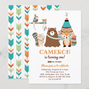 Colorful Tribal Woodland Friends Birthday Party Kaart