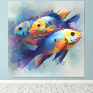 Colorful Tropical Fish Triptych Canvas Wall Art Afdruk