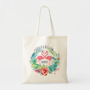 Colorful Tropical Flowers Wreath & Flamingos 2 Tote Bag