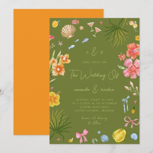 Colorful Tropical Island Whimsical Beach Wedding Kaart (Voorkant / Achterkant)