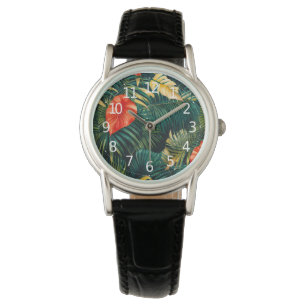 Colorful Tropical Leaves en Hibiscus Flowers   Horloge