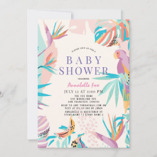 Colorful Tropical leaves Parrot Baby shower Kaart