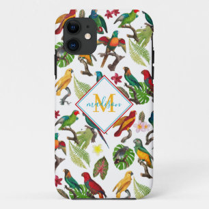 Colorful Tropical Parrots Leaves, Flowers Monogram iPhone 11 Hoesje