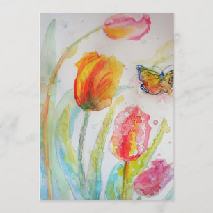 Colorful Tulip and Butterfly Birthday Invitation Kaart