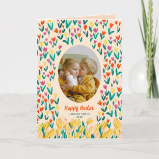Colorful Tulip Happy Easter Family Photo Greeting Kaart