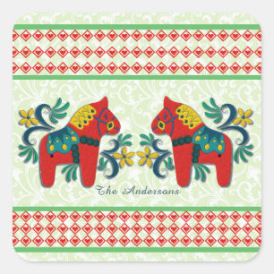 Colorful Twin Swedish Dala Horses Custom Vierkante Sticker