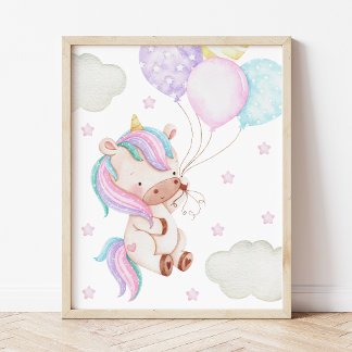 Colorful Unicorn, ballonnen, sterren, meisjeszurie Poster
