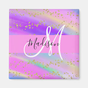 Colorful Unicorn Rainbow Gold Glitter Monogram Magneet