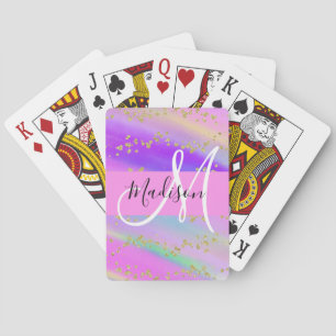 Colorful Unicorn Rainbow Gold Glitter Monogram Pokerkaarten