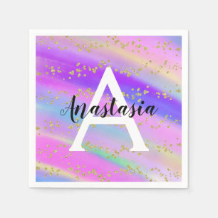 Colorful Unicorn Rainbow Gold Glitter Monogram Servet