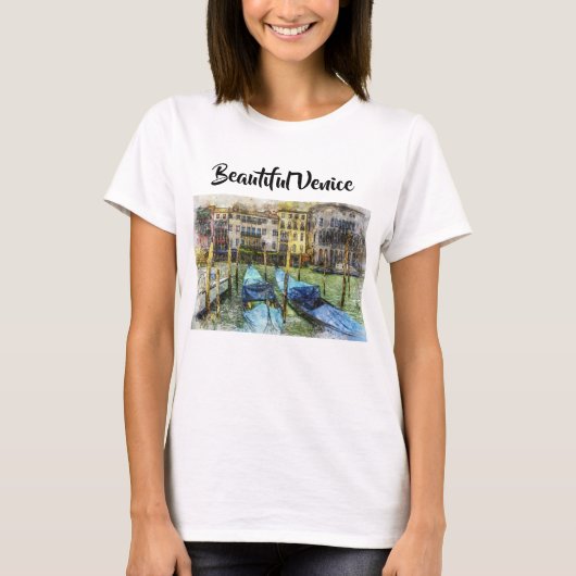 Colorful Venice Blue Gondolas Painting T-shirt (Voorkant)