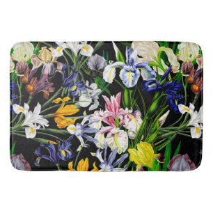 Colorful Victoriaans Iris Flowers op Black Pattern Badmat