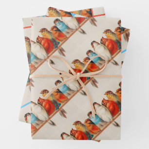 Colorful vintage illustration of five little birds inpakpapier vel