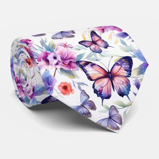 Colorful Watercolor Butterflies Flower Pattern Stropdas (Opgerold)