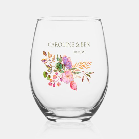 Colorful Watercolor Floral Elegant Custom Wedding Wijnglas Zonder Voet (Voorkant)