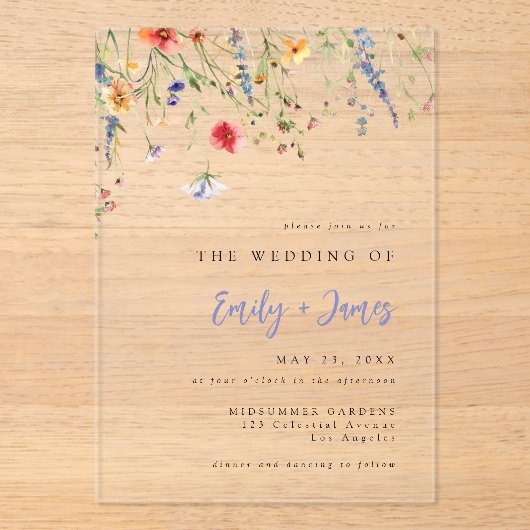 Colorful Watercolor Floral Wedding Acryl Uitnodigingen (Voorkant)